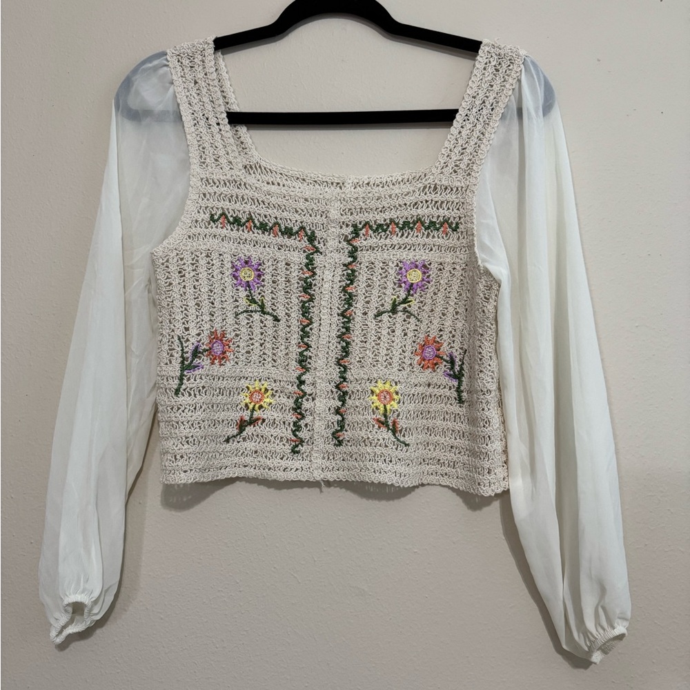 Elegant Crochet Blouse with Floral Embroidery